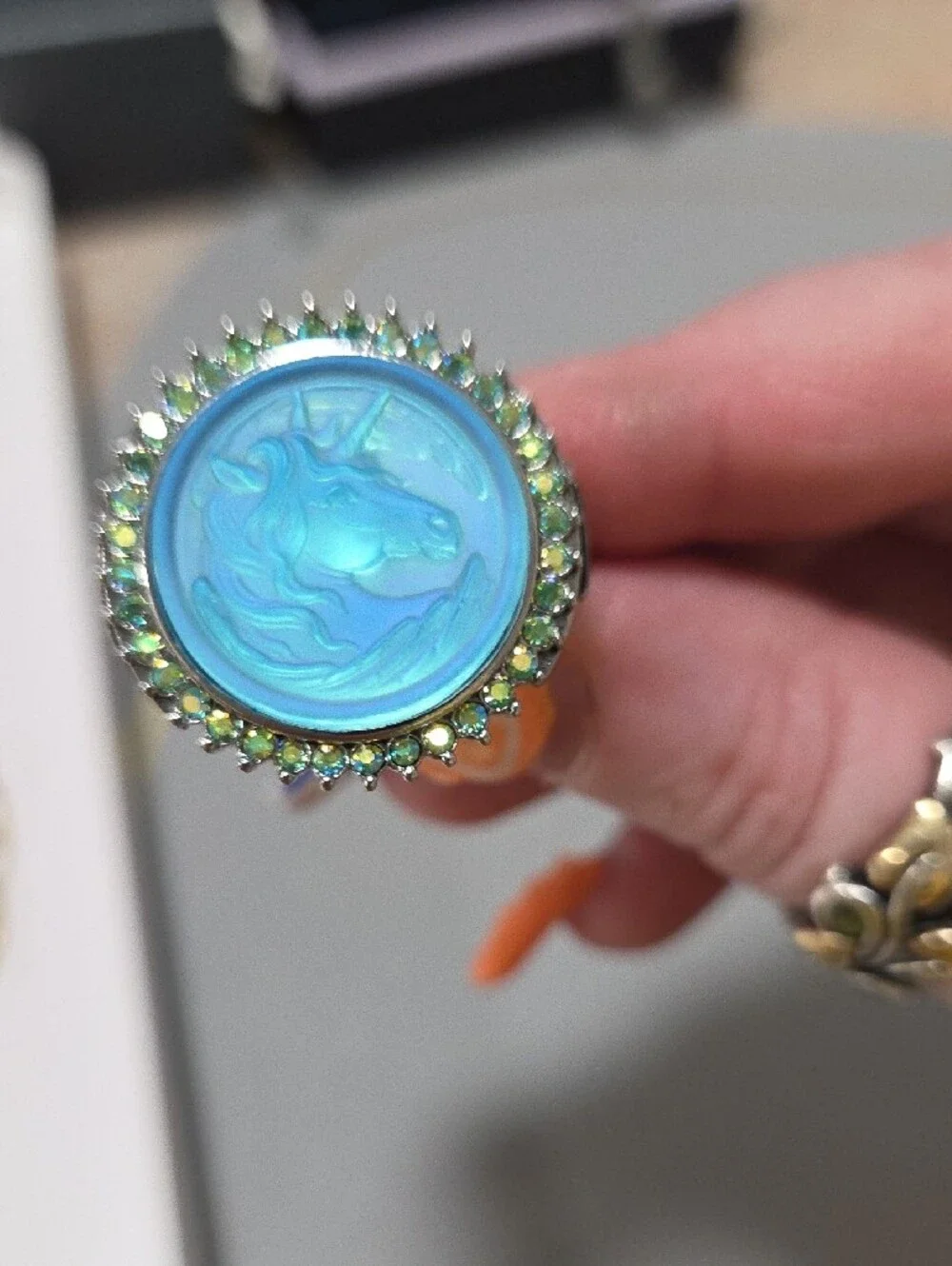 Kirks Folly Blue Unicorn Cameo Ring with Green Crystal Halo